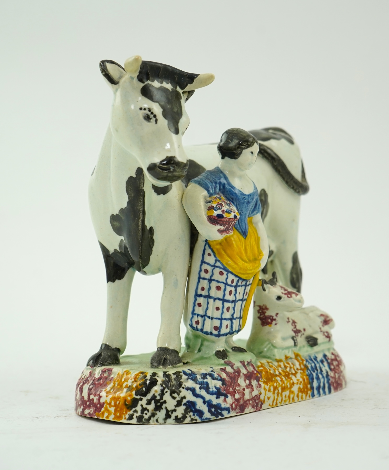 A James Emery, Mexborough pearlware cow, calf and milkmaid group, c.1820